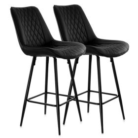 Elama 2 Piece Diamond Stitched Faux Leather Bar Chair in Black with Metal Legs (Color: Black, Material: Leather)